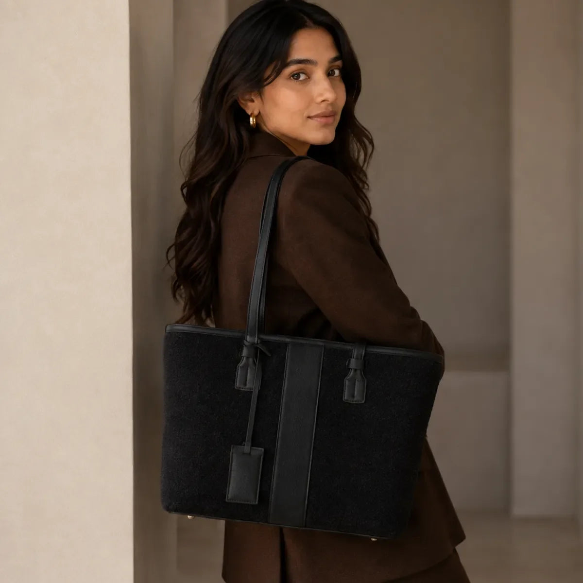 Black Woven Straw Textured Tote Bag for Women