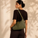 Green Embossed Floral Leather Hobo Bag for Women