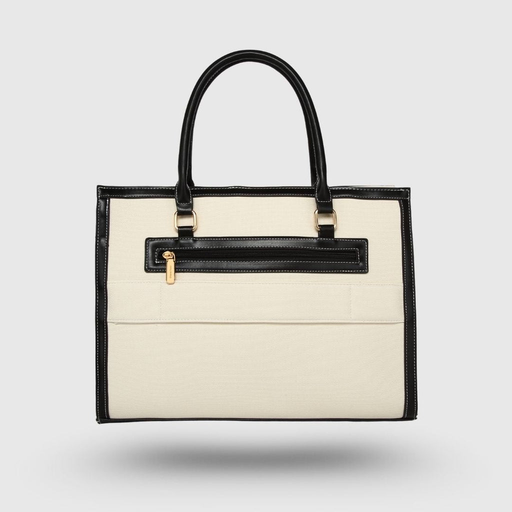Full view of Davina black work tote bag with all features displayed