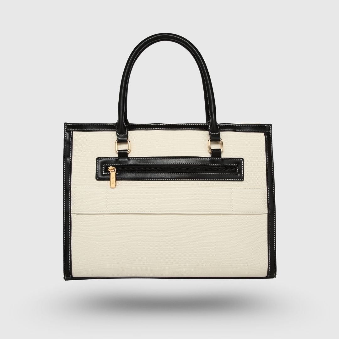 Full view of Davina black work tote bag with all features displayed