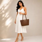 Brown Textured Panel Tote Bag for Women