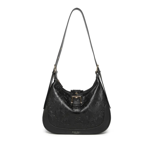 Black Embossed Floral Leather Hobo Bag for Women
