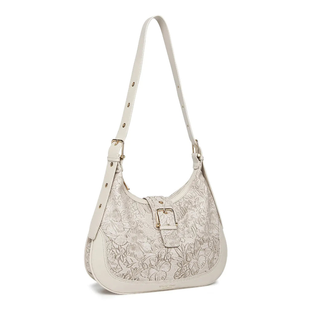Off White Embossed Floral Leather Hobo Bag for Women