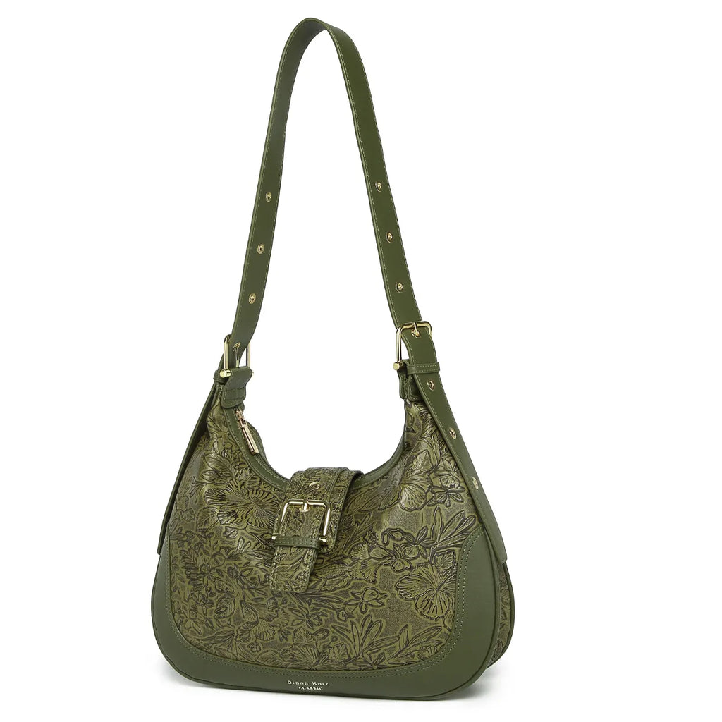 Green Embossed Floral Leather Hobo Bag for Women