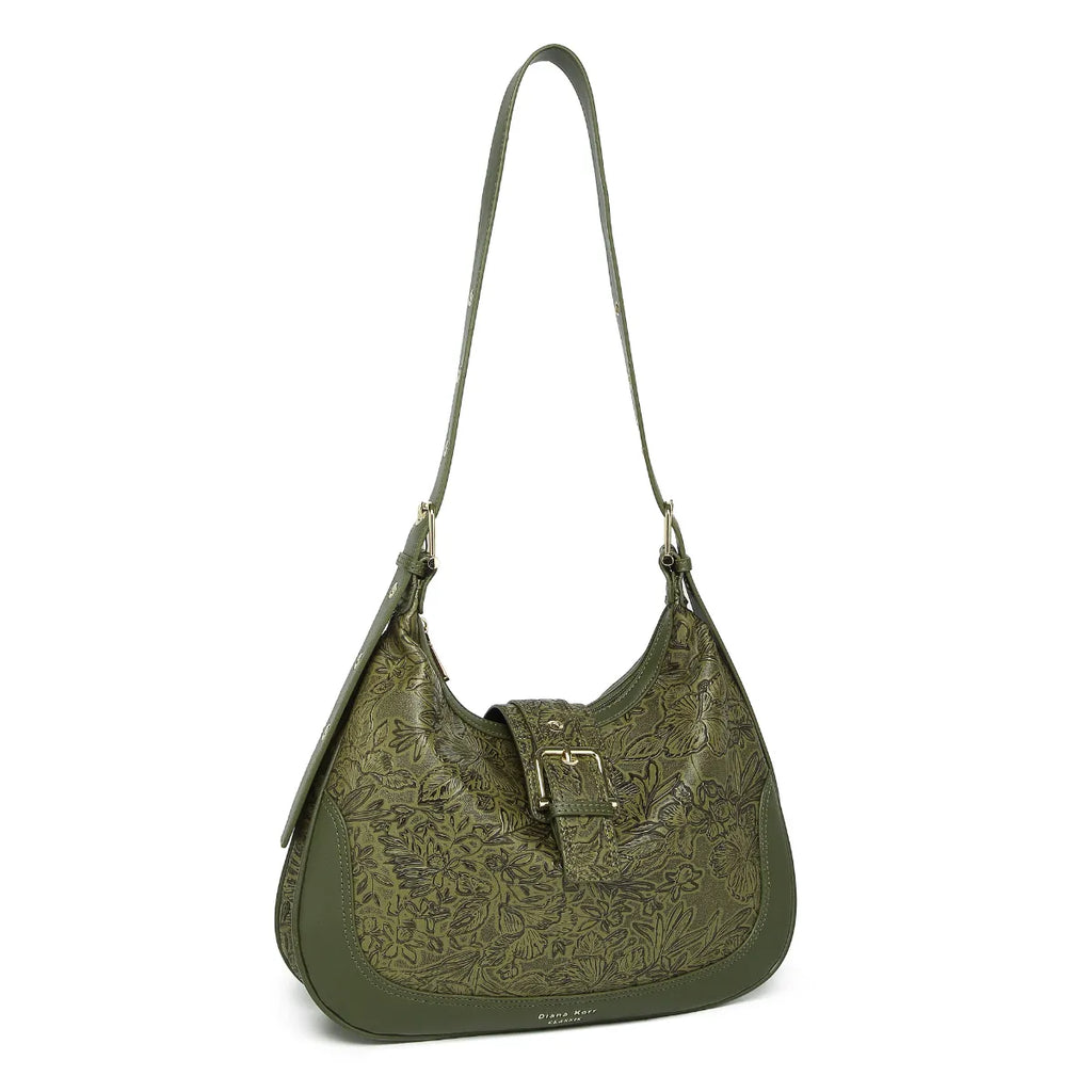 Green Embossed Floral Leather Hobo Bag for Women