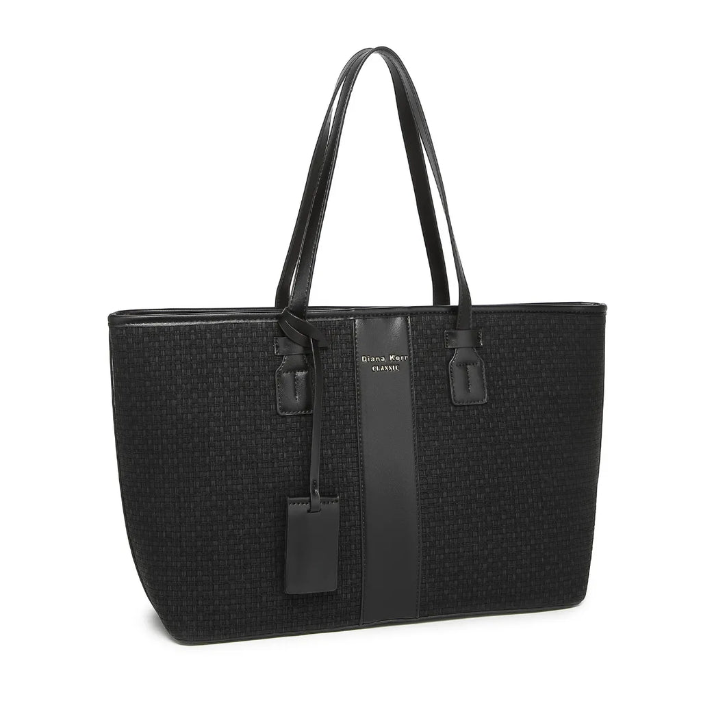 Black Woven Straw Textured Tote Bag for Women