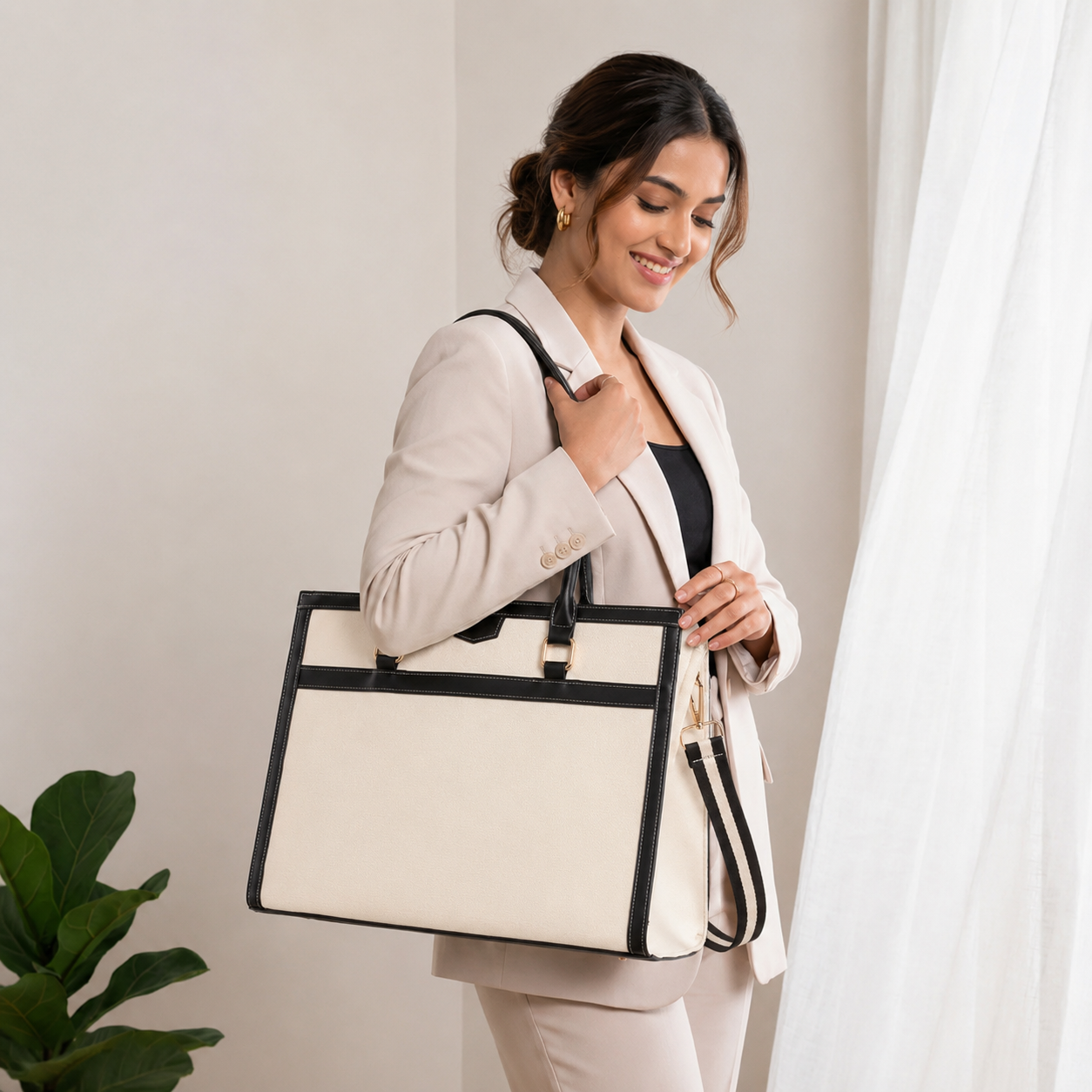 Davina Emporio black tote bag with orange trim - front view