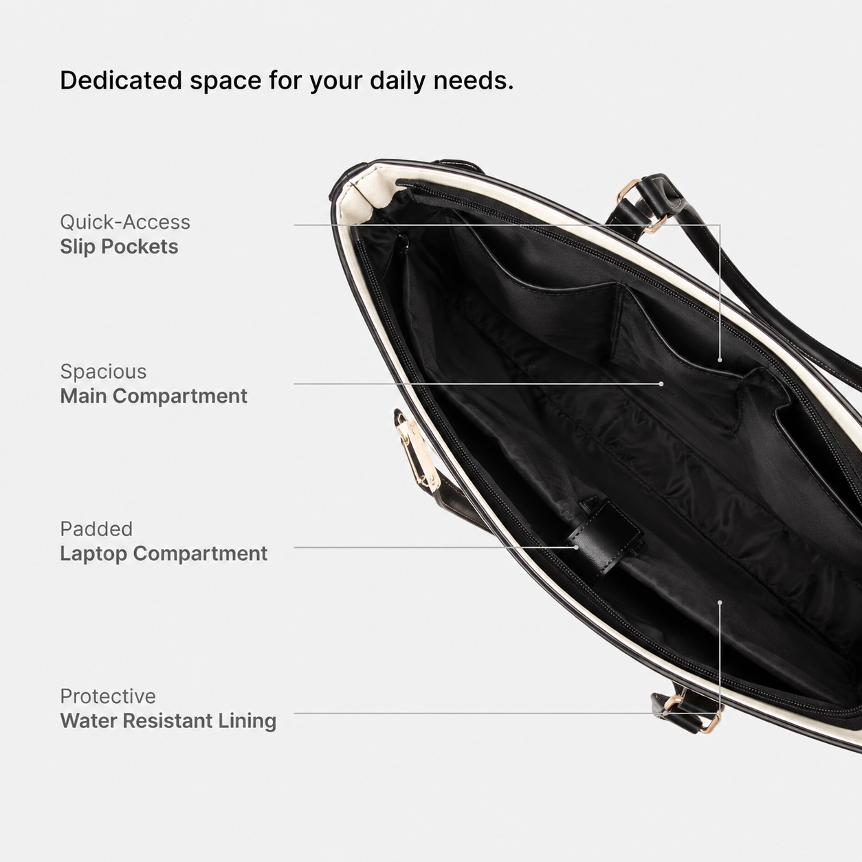 Davina Emporio tote bag interior showing laptop compartment